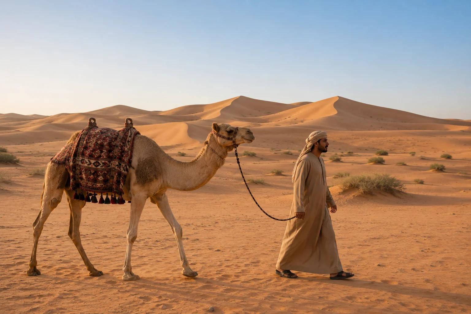 Sunrise camel trek in the red dunes of Dubai
